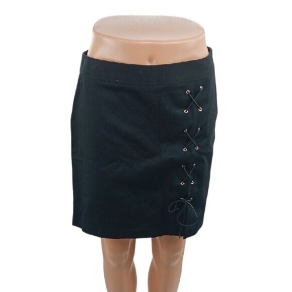 Cache Black Mini Skirt Womens Size 4 Lace-Up Side Detail Bodycon Y2K Sexy - Picture 1 of 6